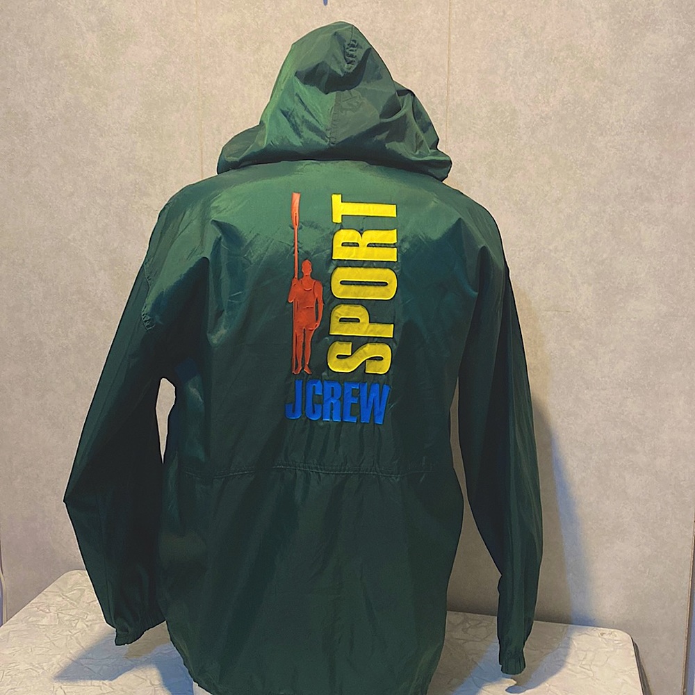 J Crew Vtg Green Sport Rowing Full Zip Nylon Windbreaker Jacket with travel bag